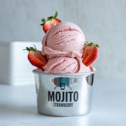 Pasta Mojito Fresa Bigatton — presentación de helado en copa con fresas
