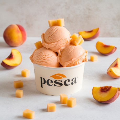 Pasta aromatizzante Pesca Bigatton - presentazione gelato alla pesca con pezzi di pesca