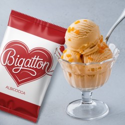 Pronto Ice Albicocca Bigatton — presentación de helado en copa con envase