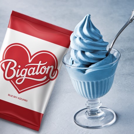 Pronto Ice Blue Sky Bigatton — gelato Blue Sky in coppetta in coppa di vetro con confezione