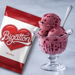 Pronto Ice Mora Bigatton — gelato alla mora in coppetta in coppa di vetro con confezione