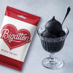 Pronto Ice Black Velvet Bigatton — gelado Black Velvet em taça de vidro com embalagem