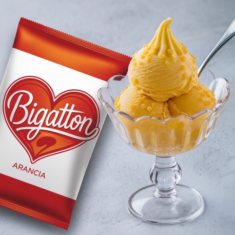 Pronto Ice Arancia Bigatton — gelato all’arancia in coppetta in coppa di vetro con confezione