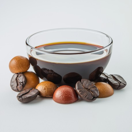 Kaffee-Tränksirup Bigatton — Präsentation in Schale mit Kaffeebohnen