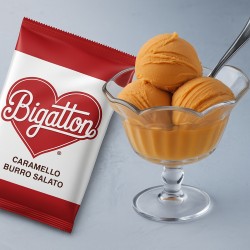 Pronto Ice Caramello Burro Salato Bigatton — gelado de caramelo com manteiga salgada em taça de vidro com embalagem